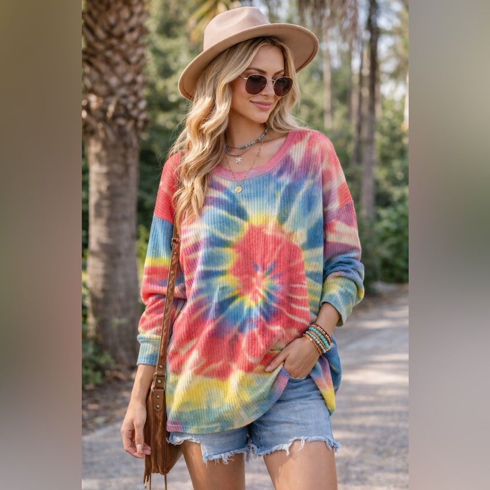 Andrée by Unit Tie Dye Waffle Knit Sweater 1X Oversized Long Sleeve